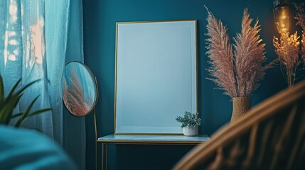 Modern Teal Bedroom Interior with Blank Frame and Pampas Grass