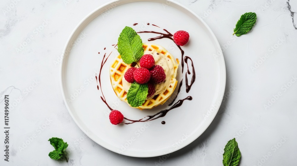 Poster a minimalist flat lay of a waffle topped with raspberries, chocolate drizzle, and mint leaves, prese