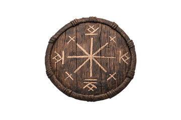 Fototapeta premium A round wooden shield featuring intricate carvings and symbols, showcasing a weathered, rustic appearance.