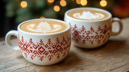 Fototapeta premium Smooth creamy latte art in a festive pattern, served in a cozy cafe with warm lighting