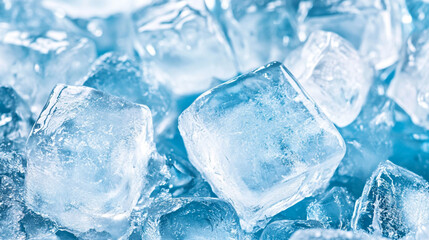 Obraz premium Ice cubes on blue Clear ice cubes scattered on a light blue background, perfect for cocktail, drink, 