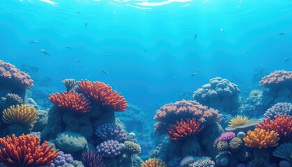 Obraz premium Vibrant coral reef underwater scene, sunlight, fish. Ocean life, nature background, marine