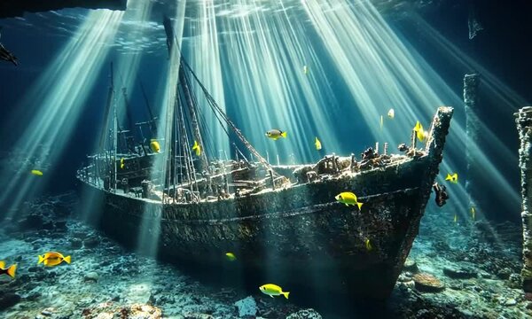 Sunken ship filled with light and swirling fish underwater adventure