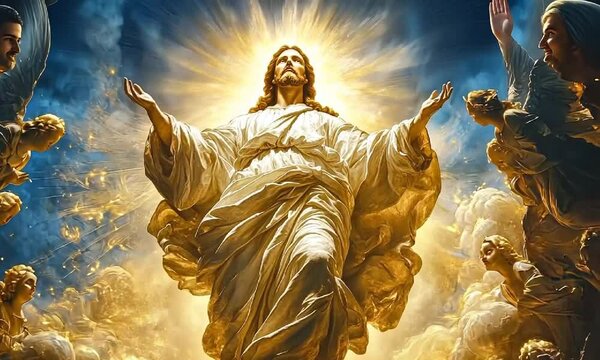 Heavenly ascent divine figure rising through radiant clouds