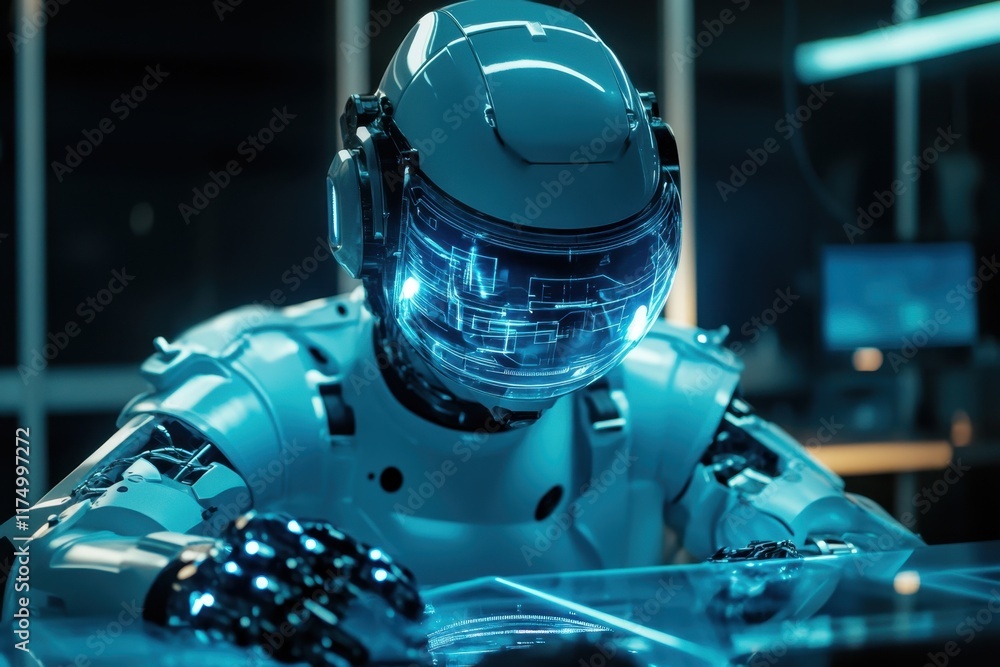 Poster future technology showcased through a humanoid robot interacting with its environment