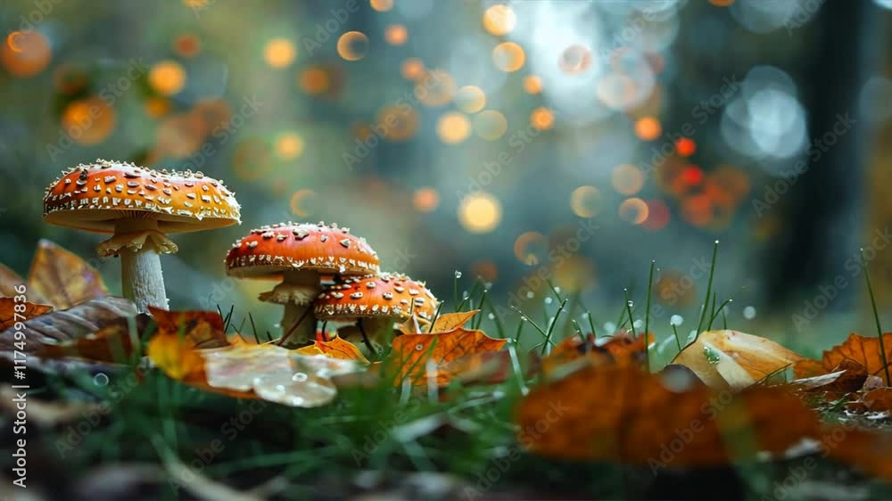 Poster vibrant red mushrooms with white spots thrive among colorful autumn leaves in serene forest, creatin