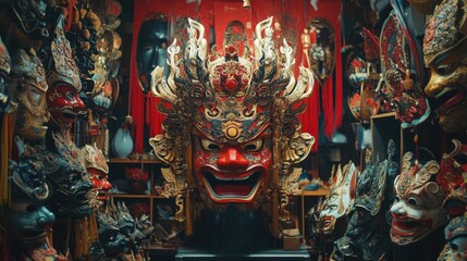 Fototapeta premium A vendor showcasing ornate traditional Chinese masks