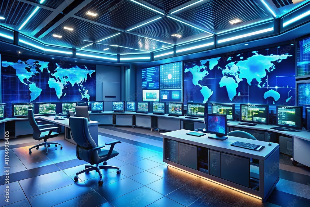 Poster futuristic cybersecurity control room: global network monitoring & data analytics
