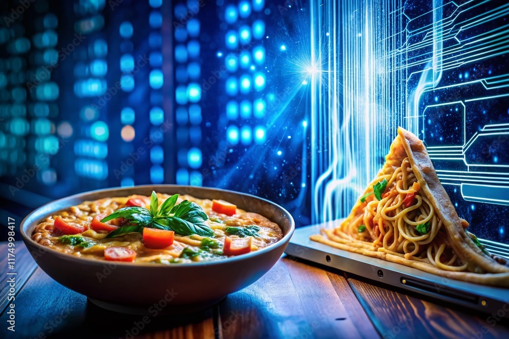 Poster futuristic cyberspace food: programmer's midnight snack, digital interface glow, abstract data strea