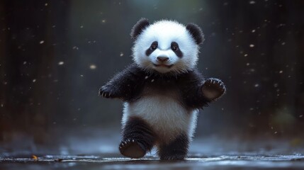 Obraz premium Adorable Panda Dancing Playfully in a Dark Forest Background
