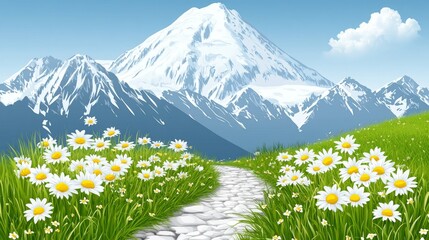 Fototapeta premium Majestic snow-capped mountain peak overlooking a vibrant meadow path