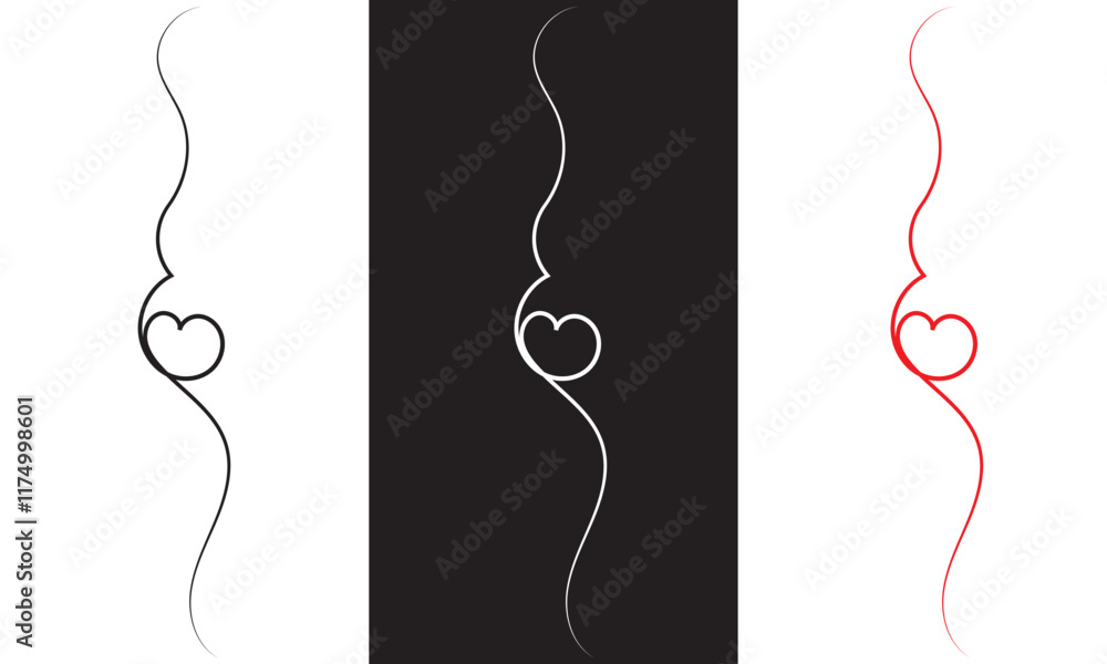 Poster heart in the middle of a vertical wavy line, drawing with one black, white and red line isolated on 