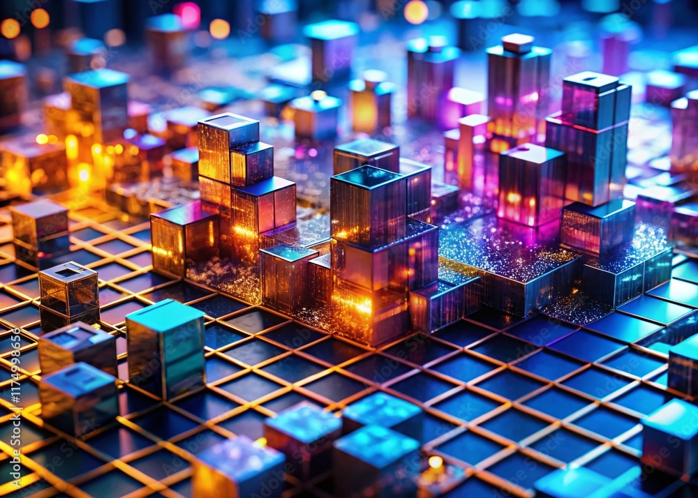 Poster futuristic data science: blockchain analytics & ai in digital landscape - tilt-shift stock photo