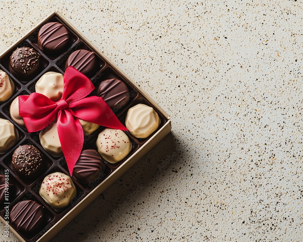 Poster assorted chocolates in a box with a red ribbon.