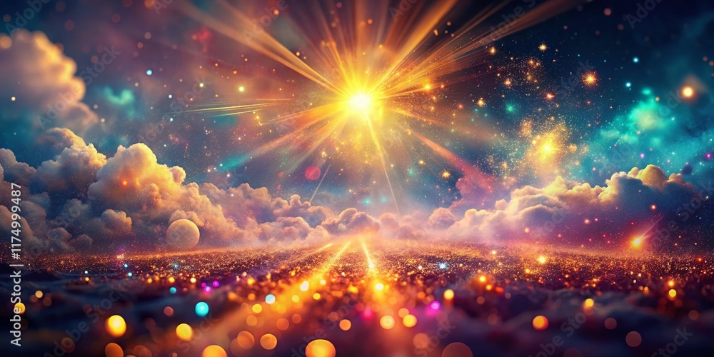 Poster panoramic 3d render: god rays illuminate floating bokeh dust particles
