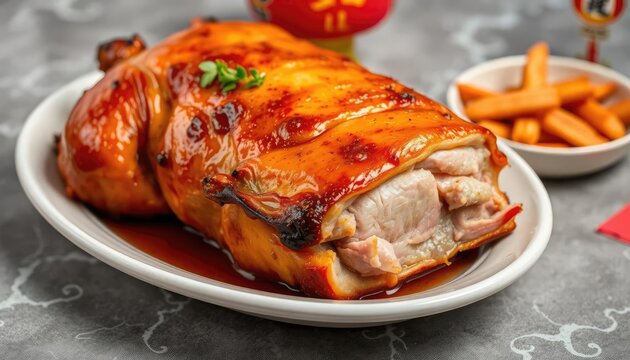Roasted chicken dish on plate, Asian style food, festive background