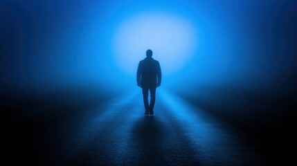 Obraz premium Solitary Figure Walking Towards the Light in Fog