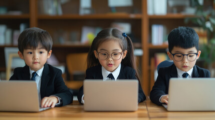 Children in business attire pretending to work classroom setting candid photography