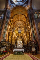 Fototapeta premium Altar and main chapel and 17th century canopy reformed during the Baroque period, Santiago de Compostela Cathedral, Santiago de Compostela, province of La Coruña, Galicia,