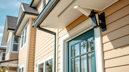 Fototapeta premium Close-up view of a light beige house exterior. The image focuses on a teal door, white trim, and dark grey gutters against a sunny sky. Other houses are visible in the background.