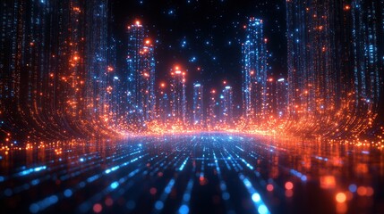 Obraz premium Glowing futuristic city scape with digital particles.