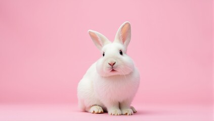 White rabbit sitting on pink background, easter bunny pet