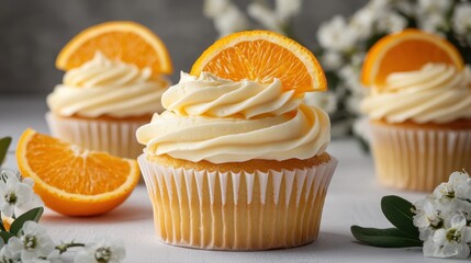Delicious Orange Cupcakes with Creamy Frosting and Fresh Orange Slices