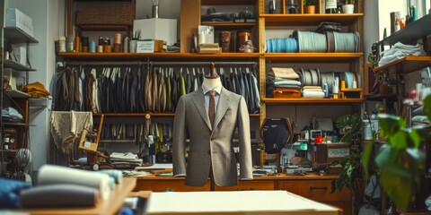 Stylish tailor shop displaying a well-fitted suit on a mannequin. The workspace is organized with fabrics and accessories. Perfect for fashion enthusiasts and industry professionals. AI