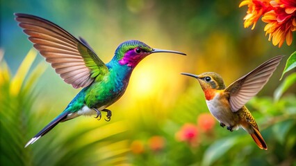Panoramic Bee Hummingbird in Flight, Tiny Tropical Bird, Vivid Colors, Nature Photography