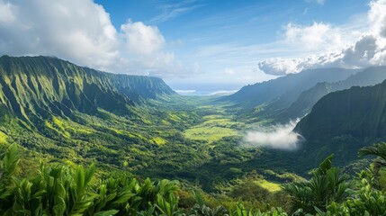 Obraz premium Breathtaking Mountain View with Mist Over Lush Green Valley