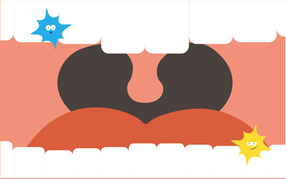 Open mouth with teeth and tongue, microbs. Screaming mouth cartoon in flat style. Vector Illustration