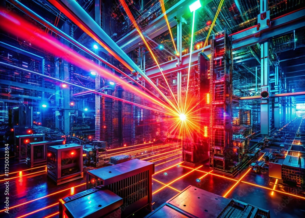 Poster futuristic red laser data transfer in neon-lit cyber robotics network