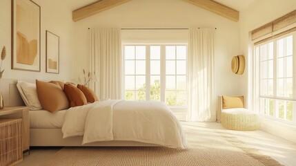 Fototapeta premium Bright Minimalist Bedroom Interior with Natural Light and Decor