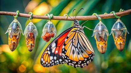 Panoramic Butterfly Metamorphosis: Emergence from Chrysalis to Stunning Wings
