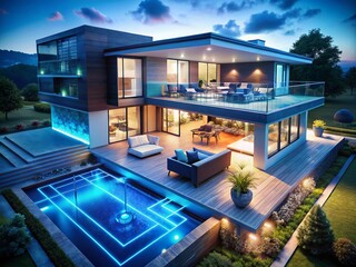 Fototapeta premium Futuristic Smart Home Aerial View: Blue Neon Digital Interface