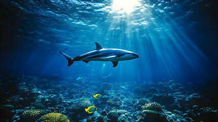 Fototapeta premium Oceanic Shark Illustration Sunlit Reef