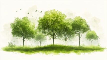 Serene Watercolor Landscape with Trees and Birds