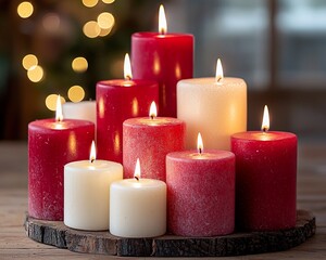 Lit red and ivory candles on wood.