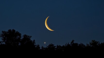 A vibrant crescent moon glows in the twilight sky above a silhouetted treeline. Ideal for nature, astronomy, or night sky-themed projects.
