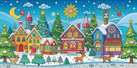 Obraz premium Panoramic Christmas Coloring Page: Festive Holiday Scene for Kids