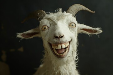 Smiling goat, wide eyes, dark background.