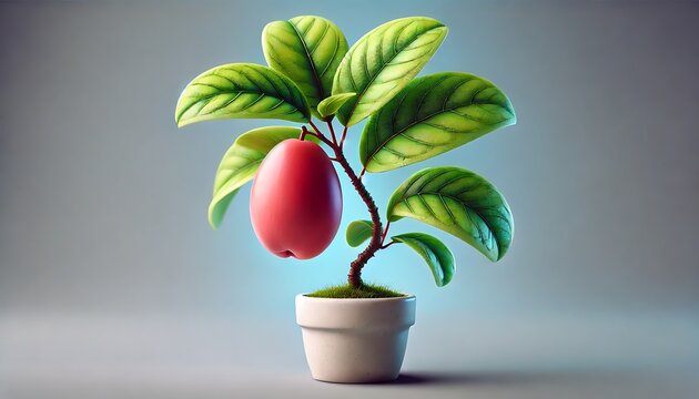 Potted Tropical Jambo Fruit Tree with Vibrant Leaves, Indoors