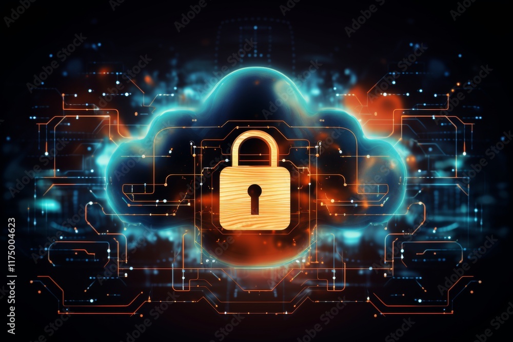 Poster abstract cloud with padlock icon a digital illustration highlighting cybersecurity and data flow