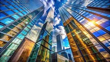 Fototapeta premium Panoramic Cityscape: Abstract Glass Skyscrapers Reflecting Light