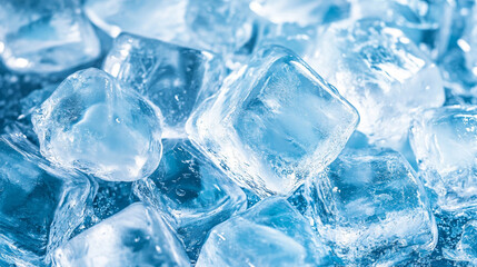 Ice cube closeup on blue icy winter background with copy space. A pile of blue ice cubes.