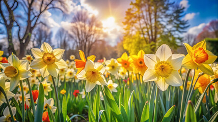 Daffodil field in bright spring sunlight