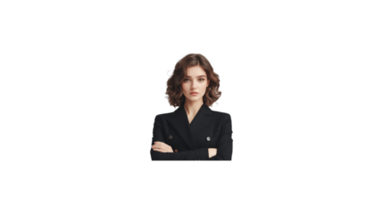 A woman in a business suit is standing with her arms crossed. She is wearing a black jacket and a white shirt. transparent background