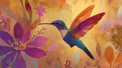Hummingbird in flight, vibrant flowers, textured background.