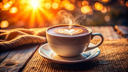 Obraz premium Panoramic Coffee Cup with Heart Shaped Latte Art - Romantic Breakfast Scene