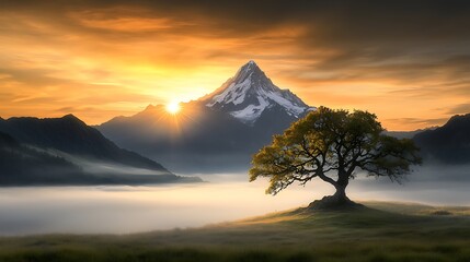Epic mountain vista summer morning rays piercing mist snow peaks pristine alpine environment dramatic landscape photography Ultra-Realistic Photo Realistic highly detailed 